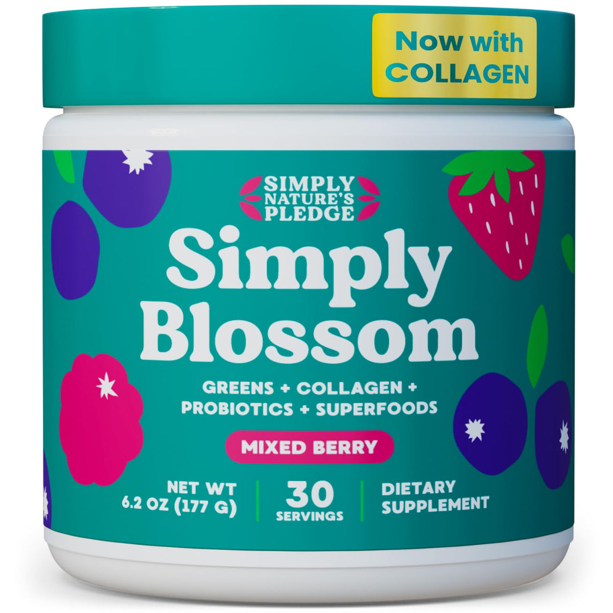 Simply Nature's Pledge frente del tarro mostrando etiqueta y beneficios