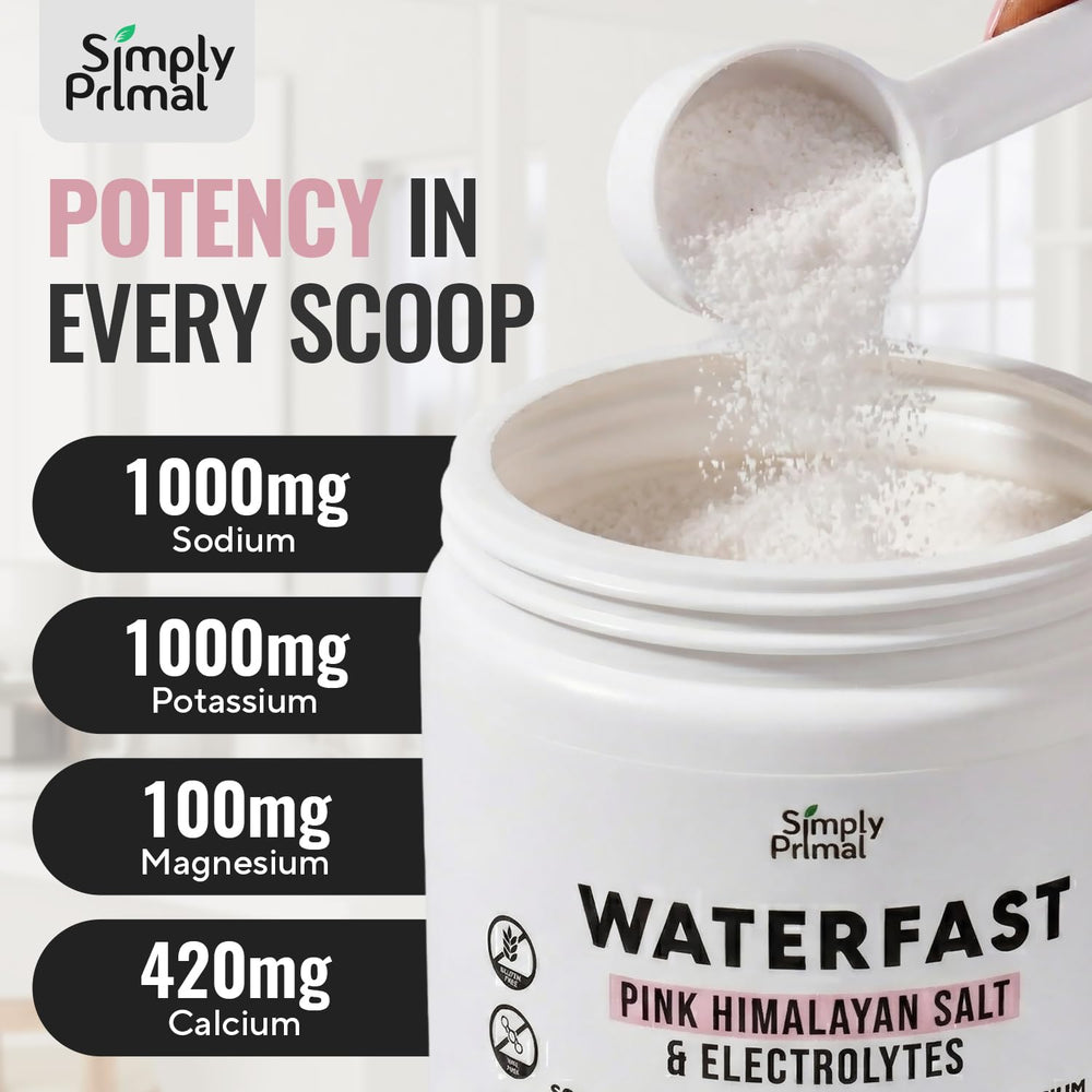 Simply Primal bebida disuelta en vaso, hidratación sabrosa durante ayunos