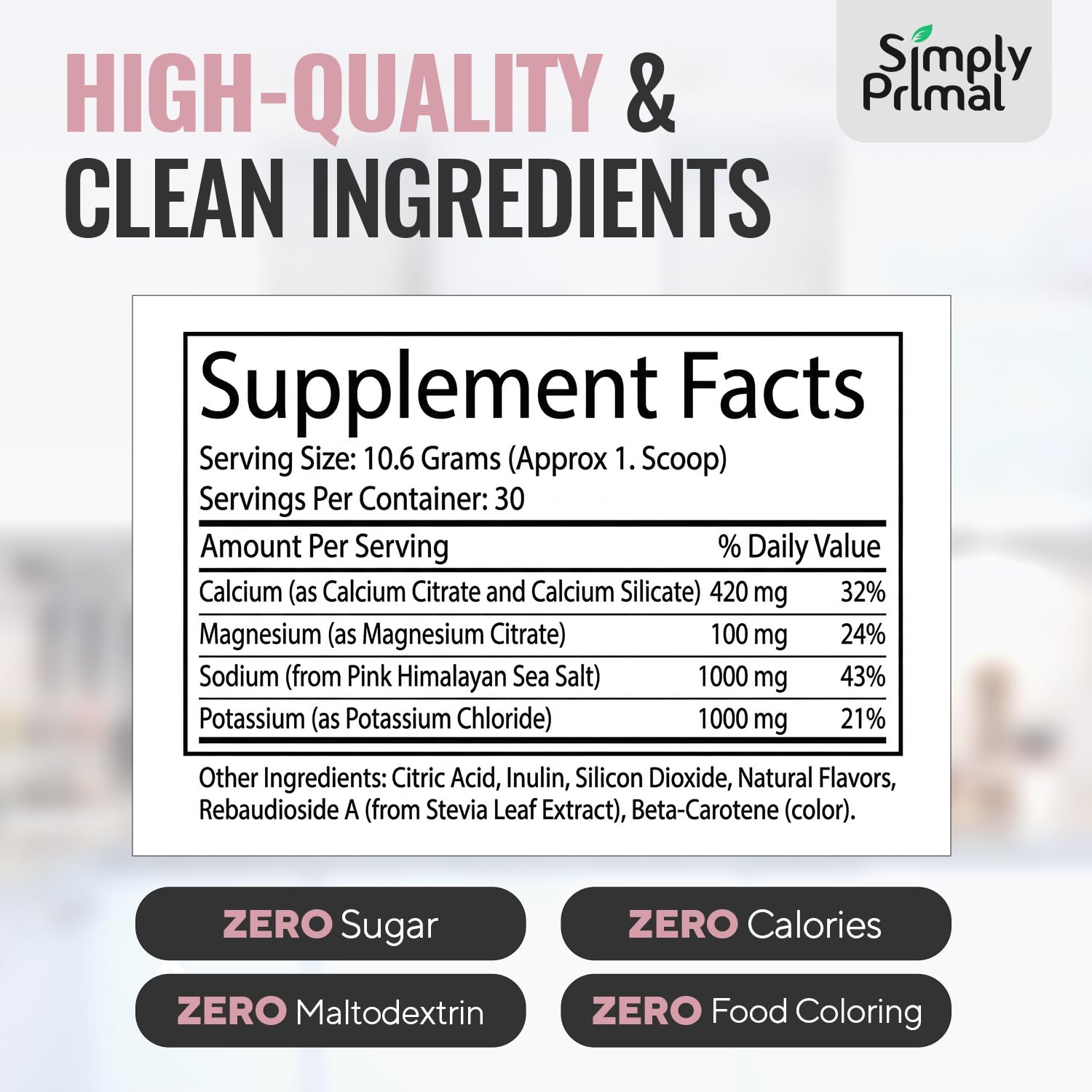 Simply Primal etiqueta nutricional visible con cantidades de electrolitos