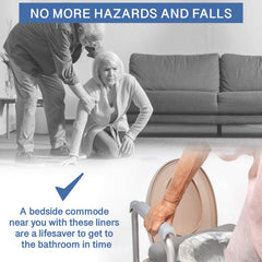 Simply Seniors bolsa instalada en commode portátil, limpieza sin esfuerzo