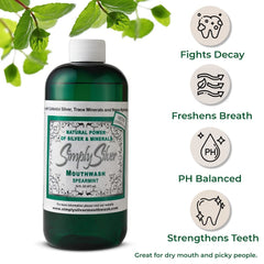 Gotas y hojas de spearmint junto a Simply Silver Mouthwash destacando aroma suave y refrescante