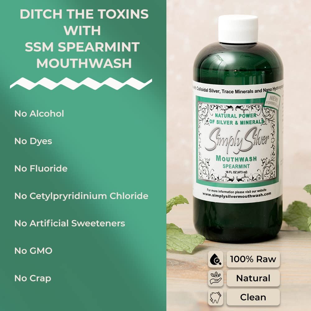Comparación de tamaño 16 oz de Simply Silver Mouthwash junto a objeto cotidiano para escala