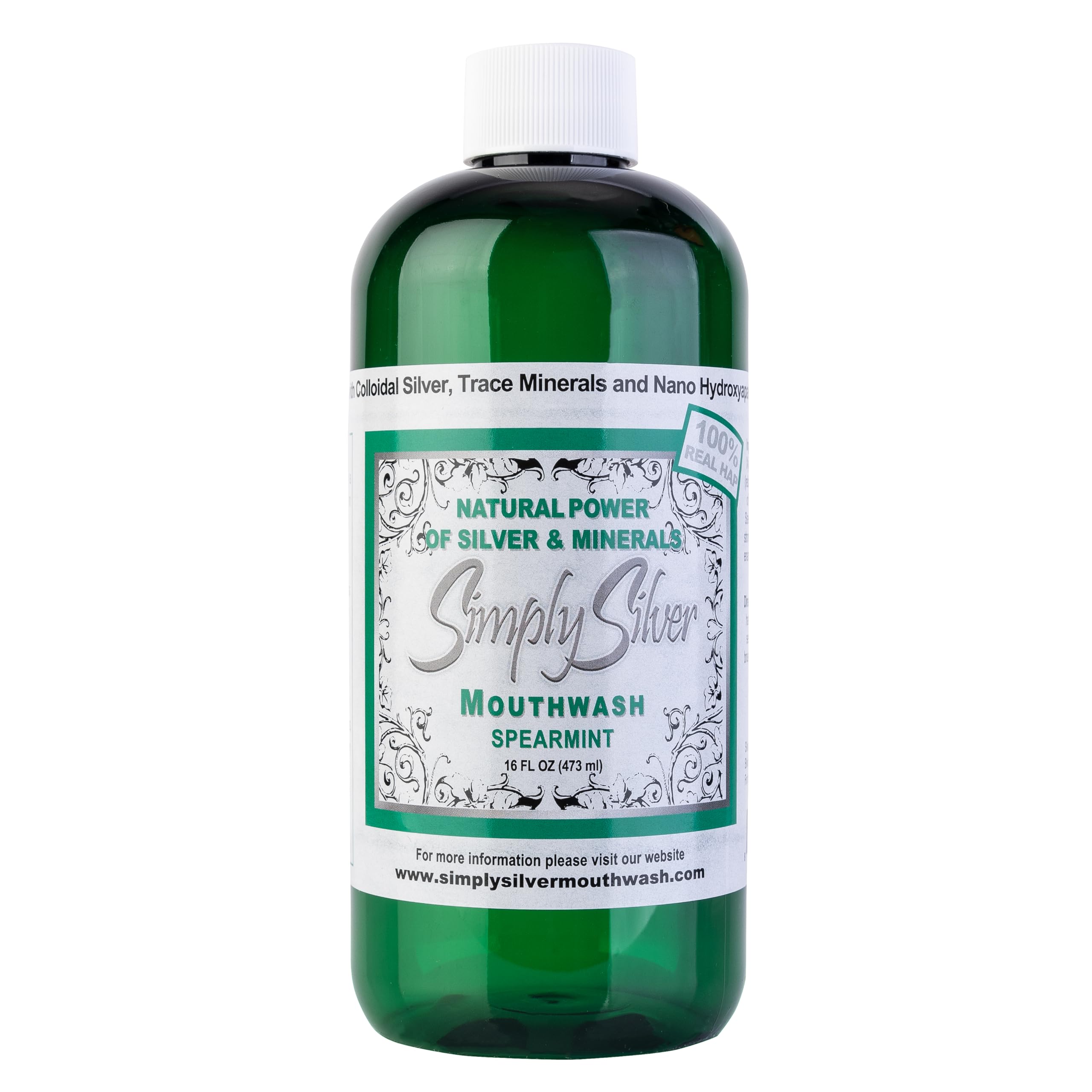 Simply Silver Mouthwash vista frontal de la botella para presentación clara y confianza