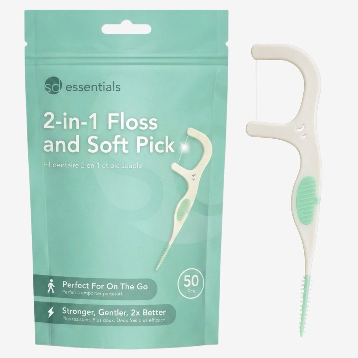 SimplyPick vista frontal del empaque mostrando 50 unidades y beneficio de portabilidad