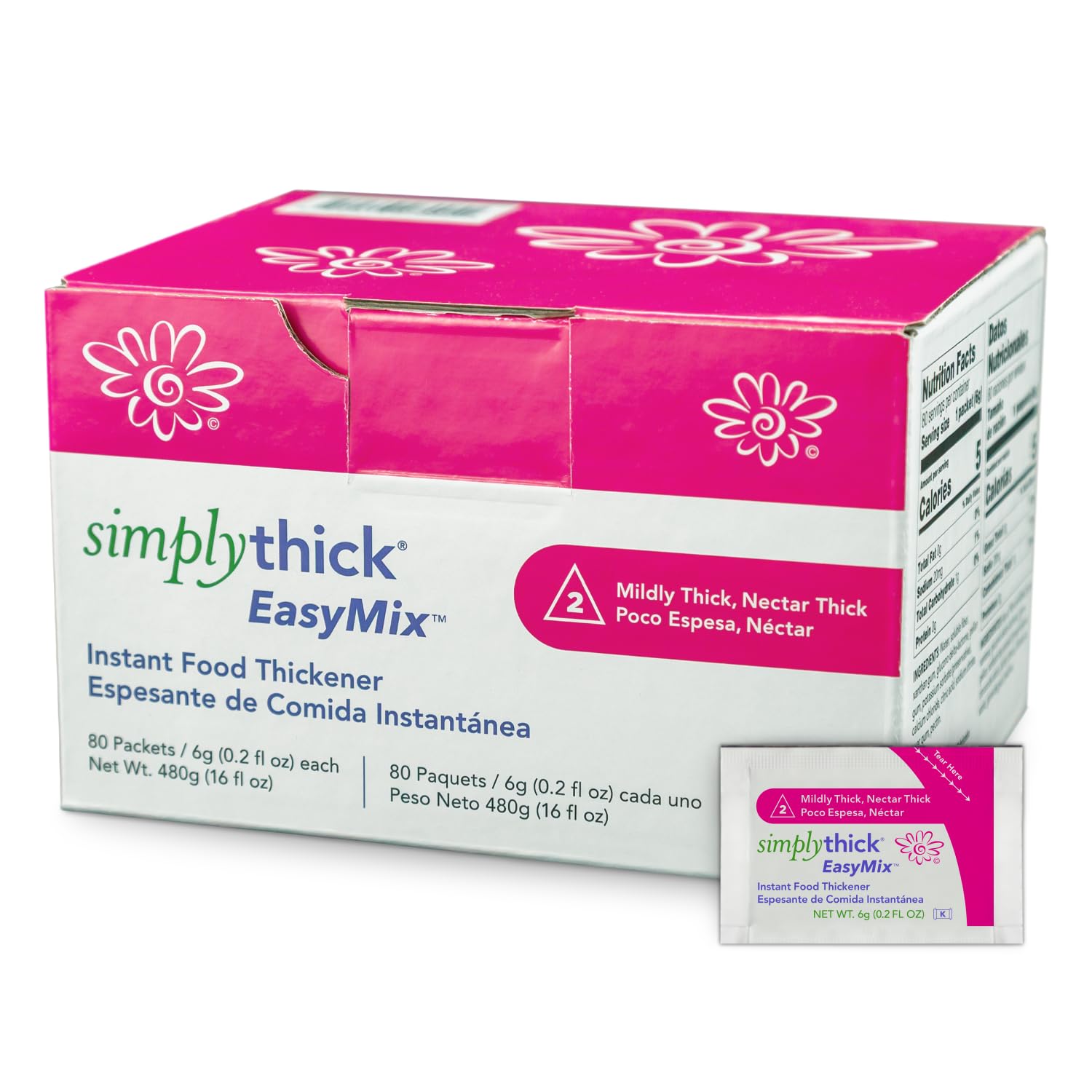 SimplyThick EasyMix vista frontal mostrando 80 sobres y beneficio de porciones premedidas