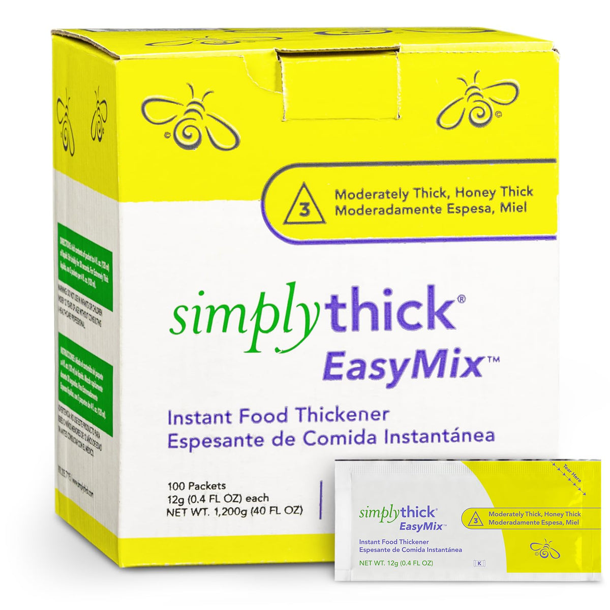 Simply Thick paquete frontal mostrando 100 sobres y facilidad de uso