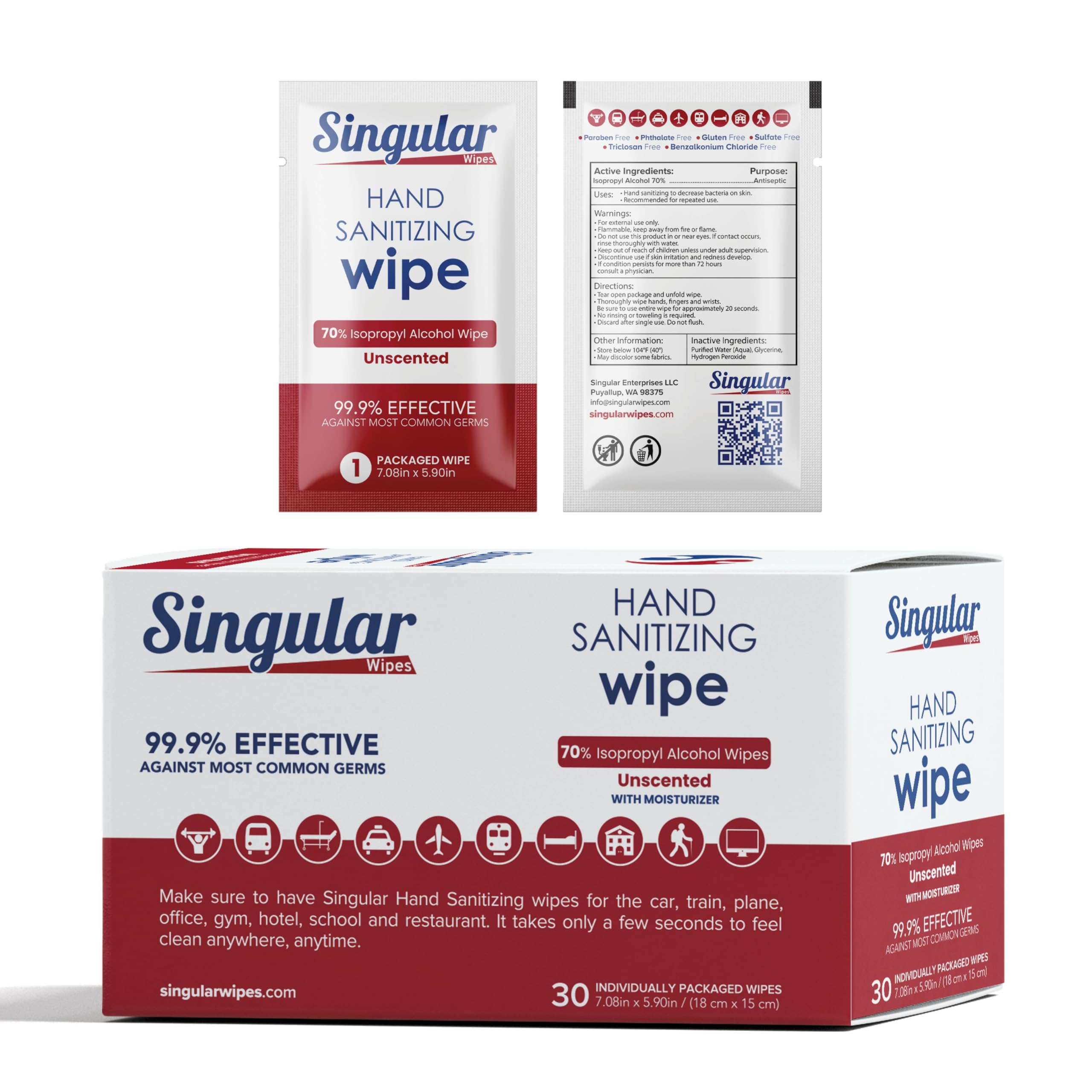 Singular Wipes frente del paquete mostrando 30 unidades y portabilidad