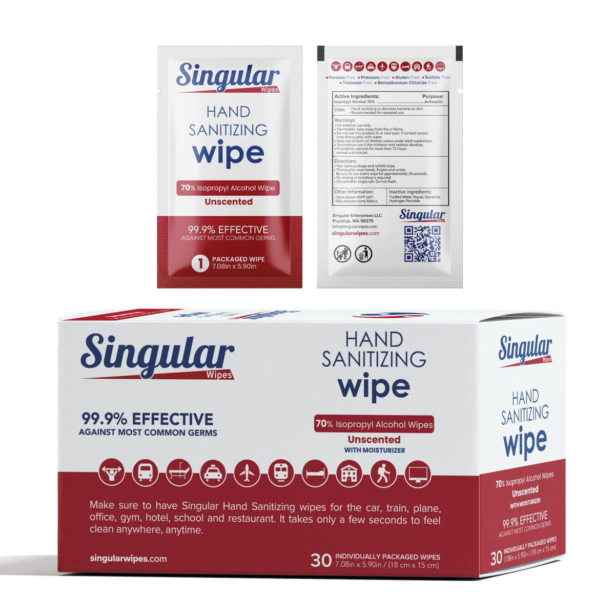 Singular Wipes frente del paquete mostrando 30 unidades y portabilidad