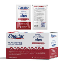 Singular Wipes frente del paquete mostrando 30 unidades y portabilidad
