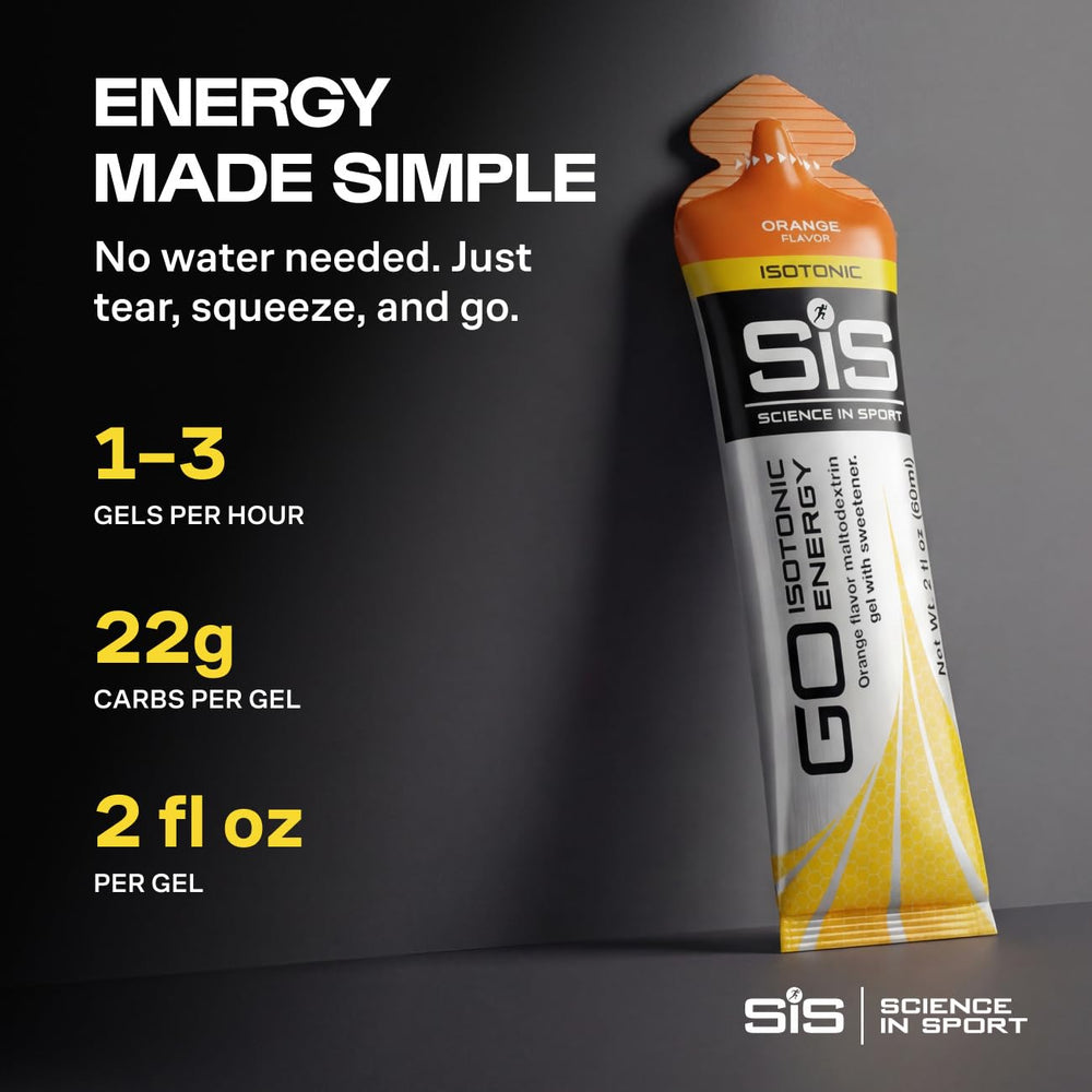 Science in Sport gel en la mano de un corredor listo para consumir, energía práctica