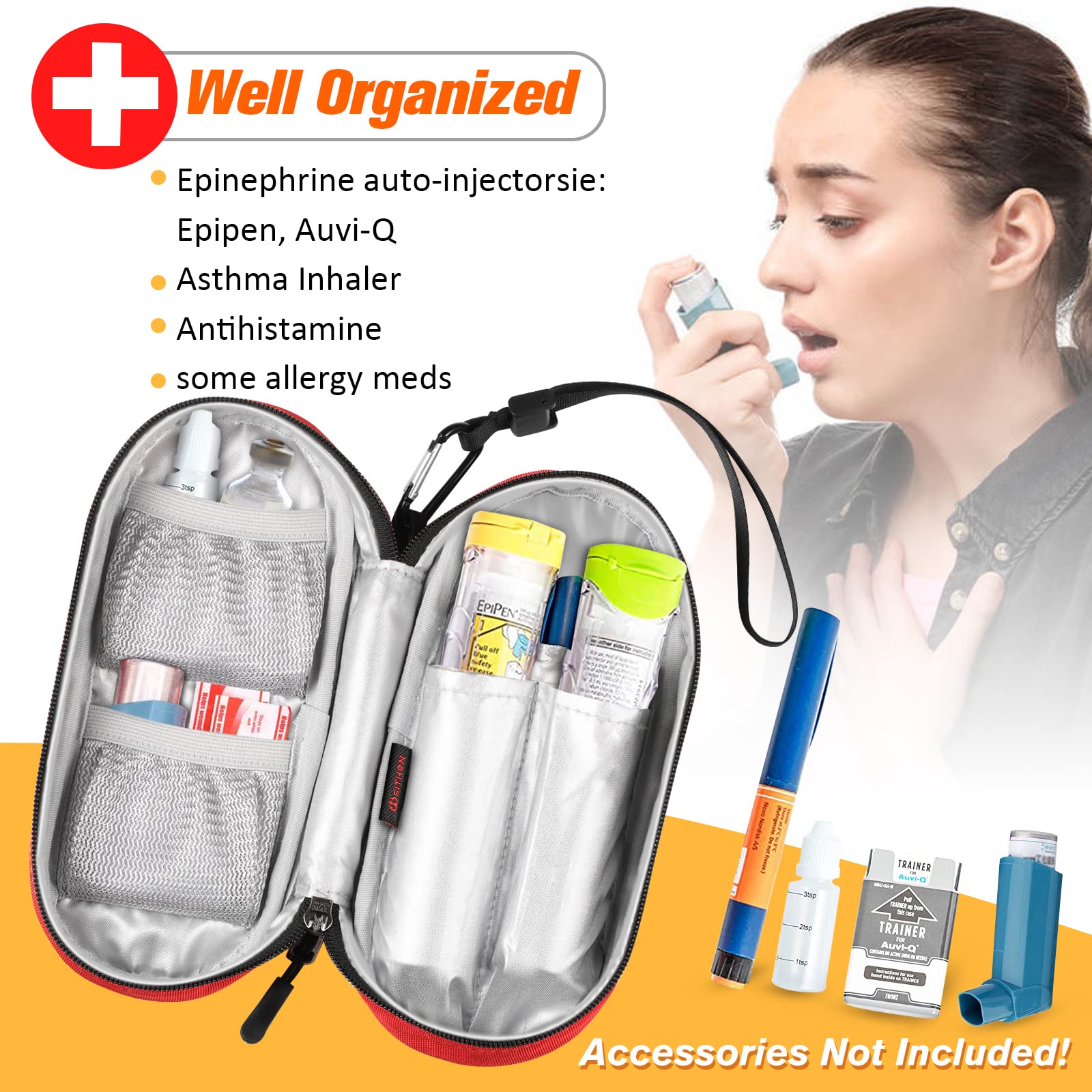 SITHON interior organizado con bolsillos para EpiPen y inhalador