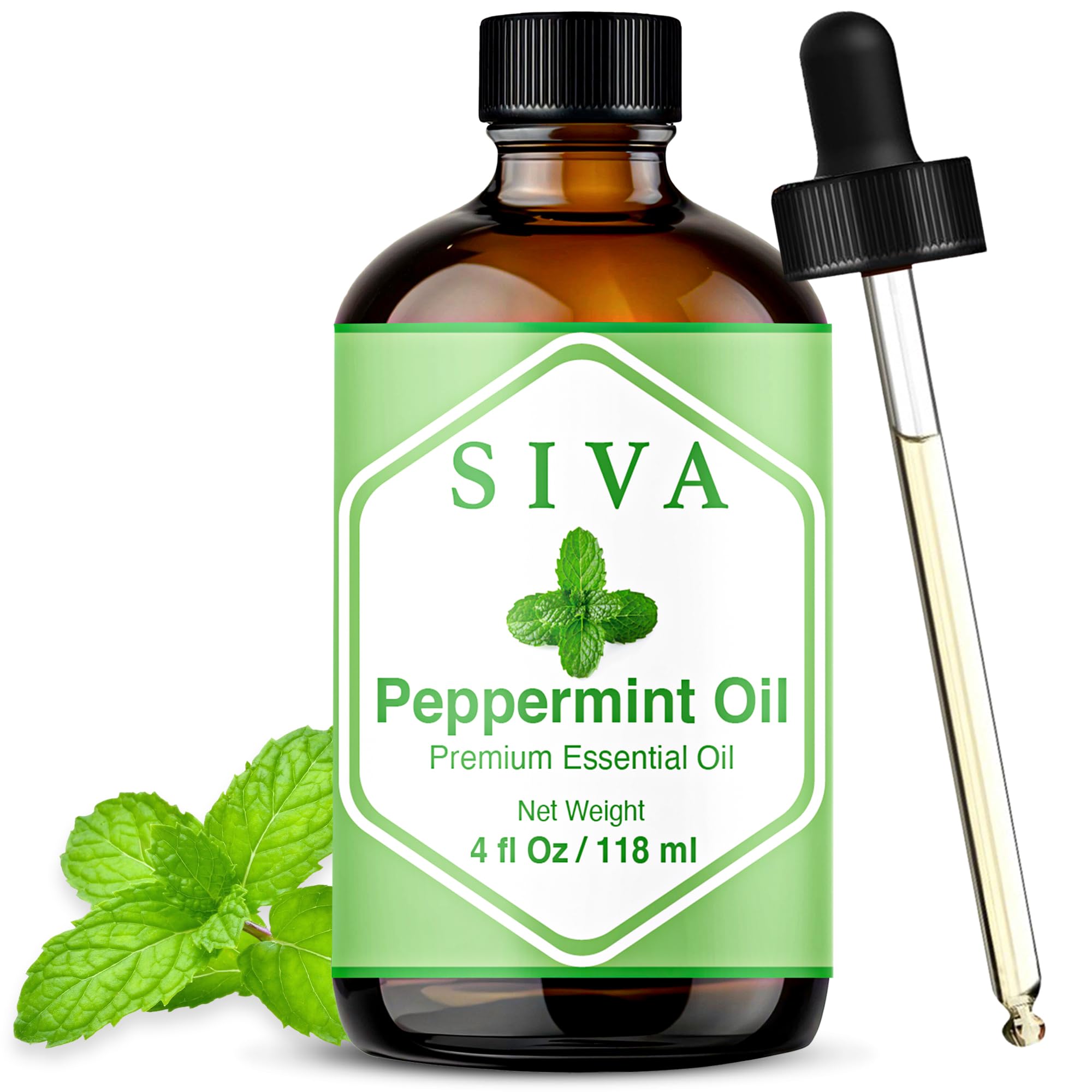 SIVA ORGANICS aceite menta frente botella ámbar, dosificación precisa