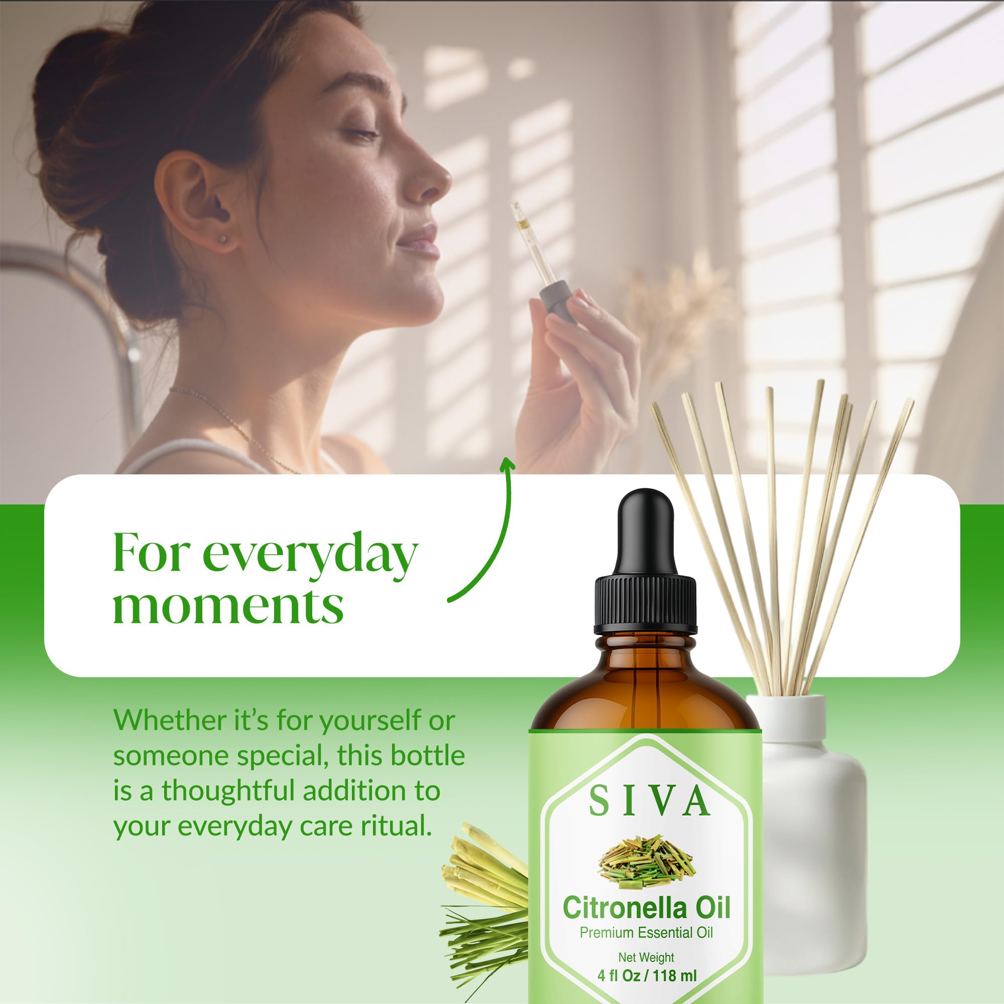 SIVA ORGANICS comparación de tamaño 118 ml junto a objetos cotidianos, volumen útil