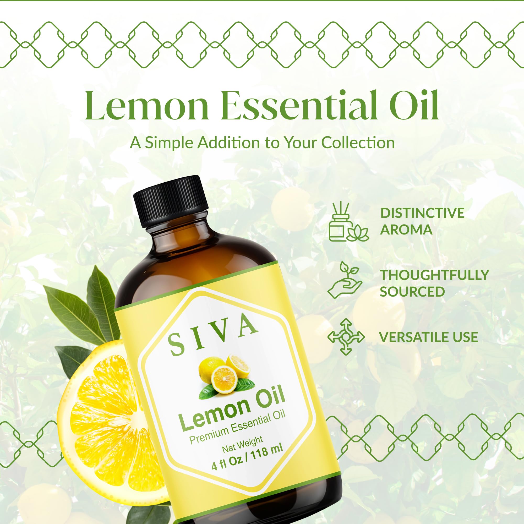 SIVA ORGANICS aceite esencial en superficie brillante, textura limpia y pura