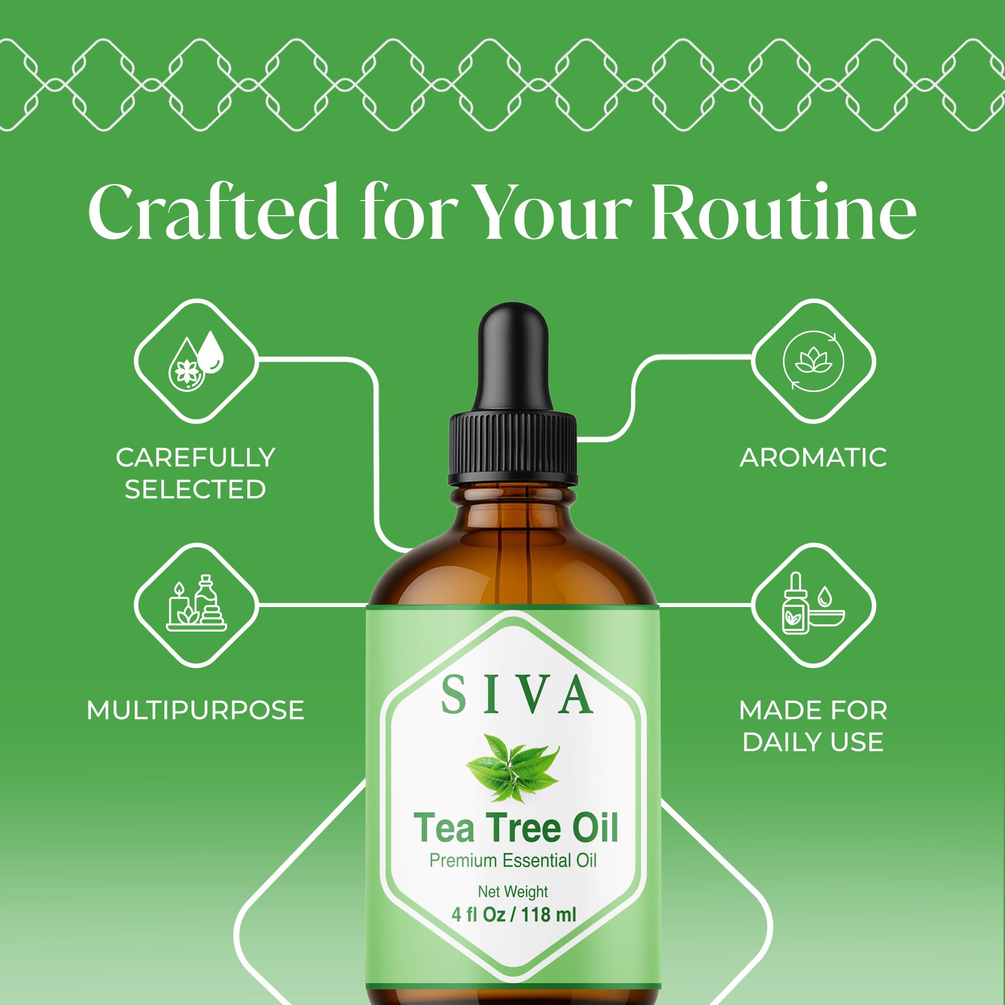 Siva Tea Tree detalle del gotero dosificando gotas, control preciso y práctico