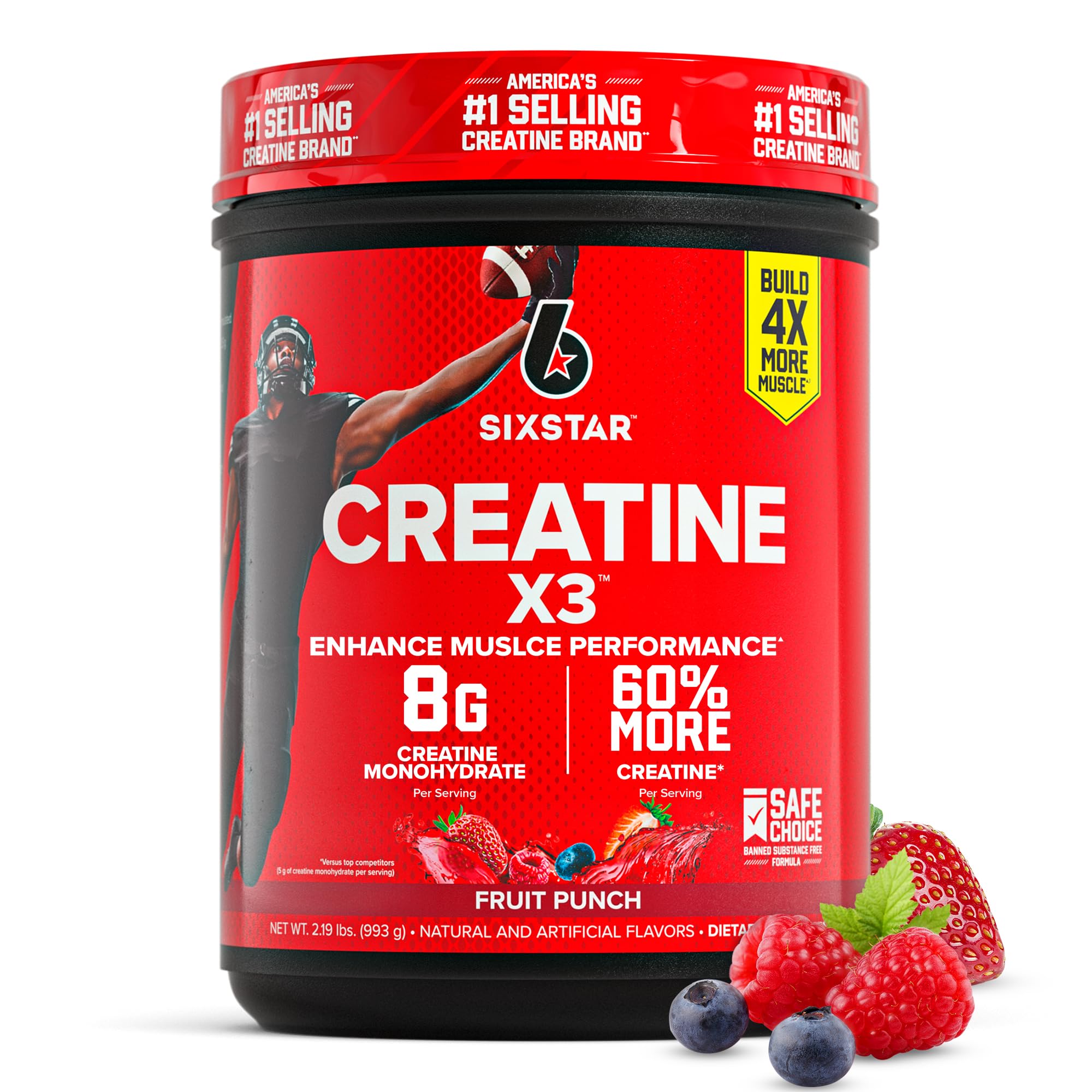 Six Star envase frontal del creatine X3 mostrando tamaño y sabor Fruit Punch