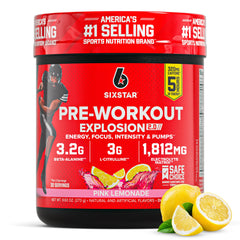 Six Star envase frontal Pink Lemonade mostrando diseño y beneficio energizante