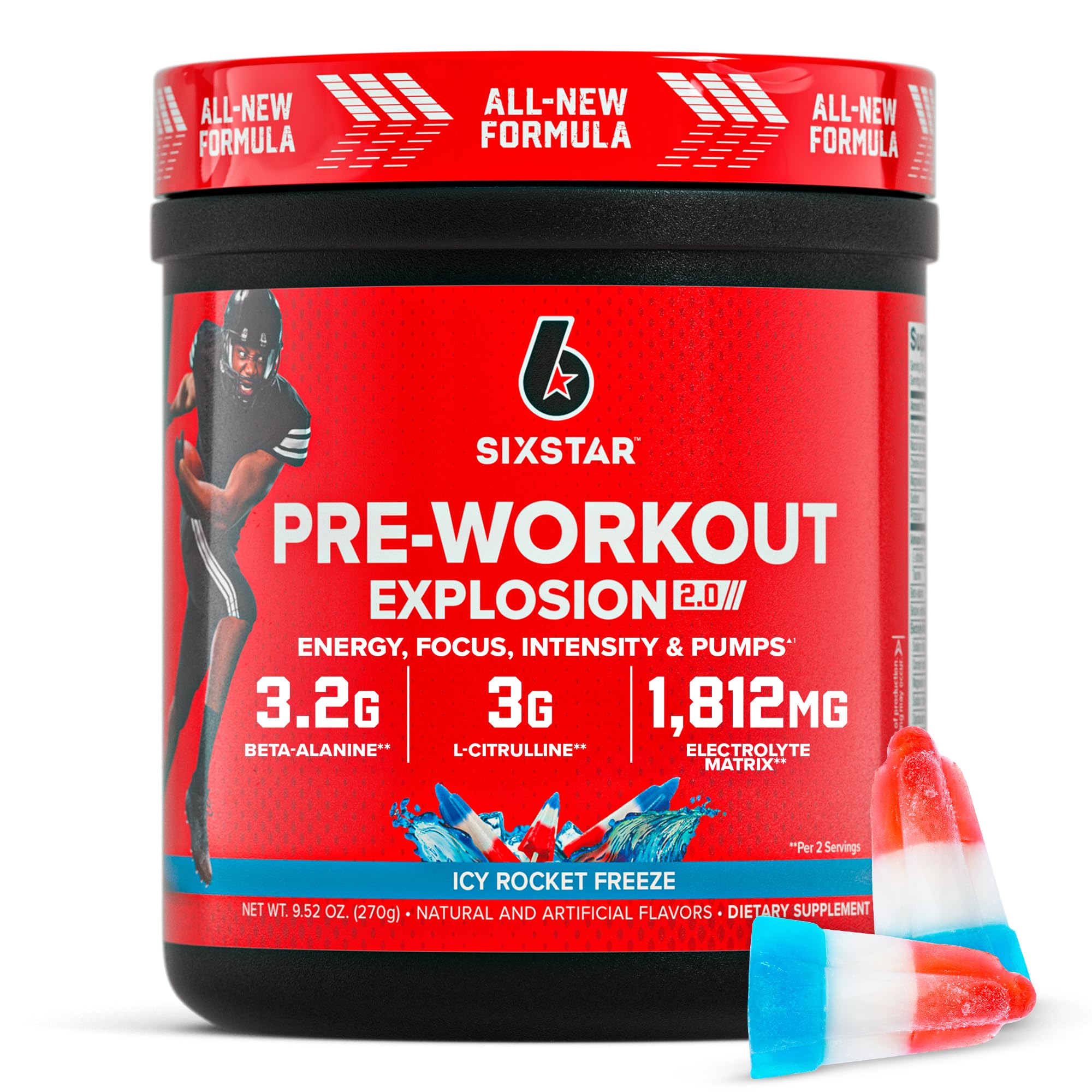 Six Star frasco frontal Icy Rocket Freeze mostrando etiqueta y beneficio energético
