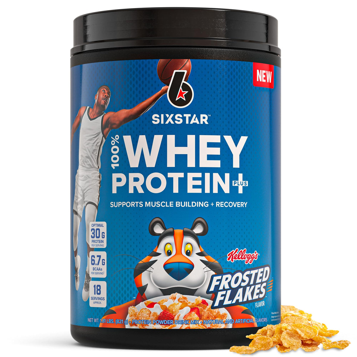 Six Star frente del envase mostrando sabor Frosted Flakes y beneficios