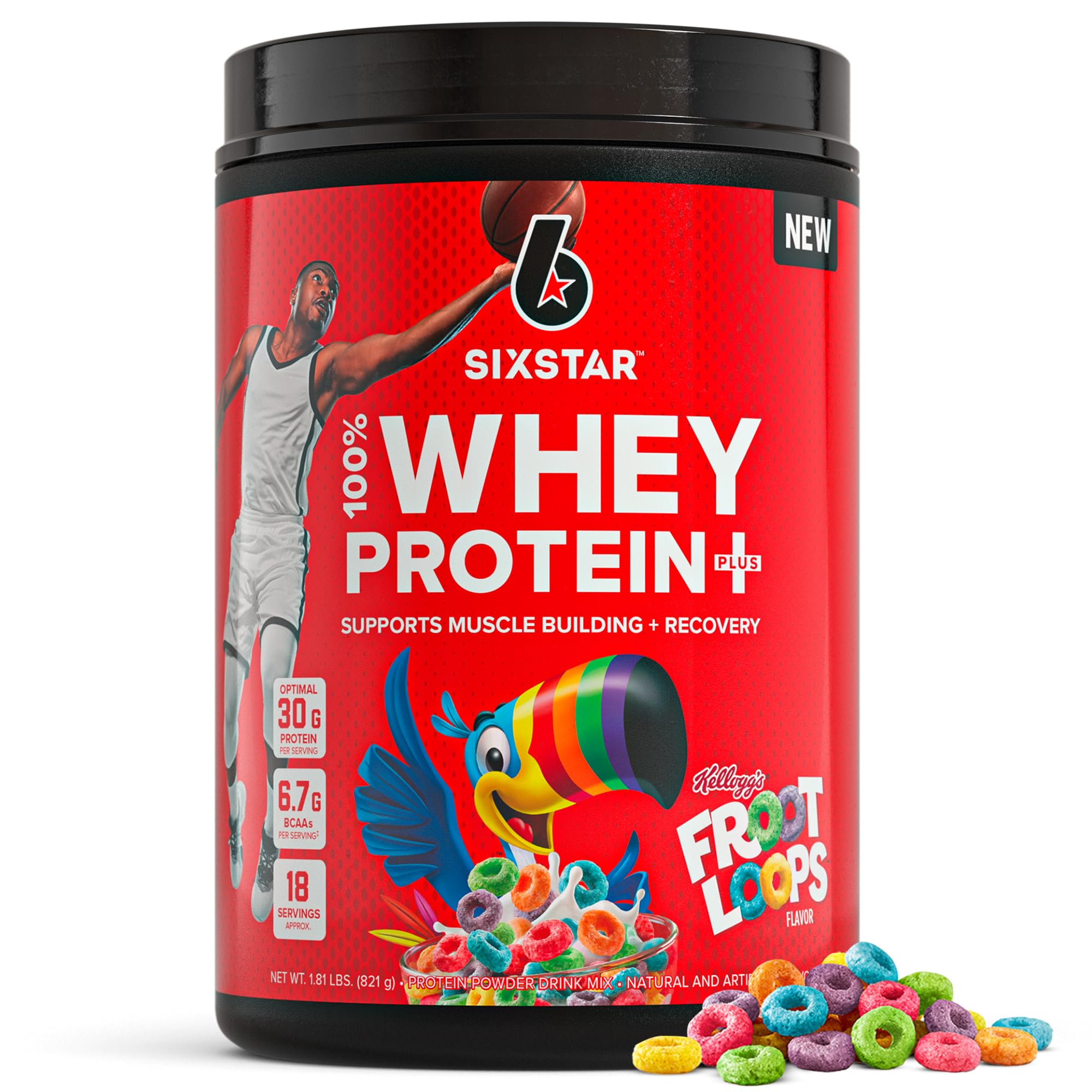 Six Star envase frontal Froot Loops mostrando marca y beneficios de proteína