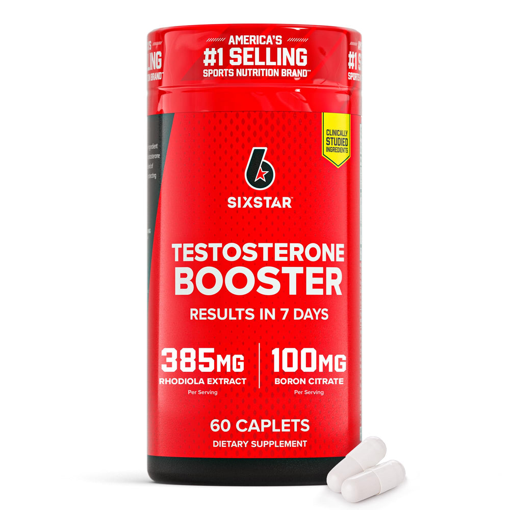 Six Star frente del envase mostrando 60 caplets y beneficio de apoyo al rendimiento
