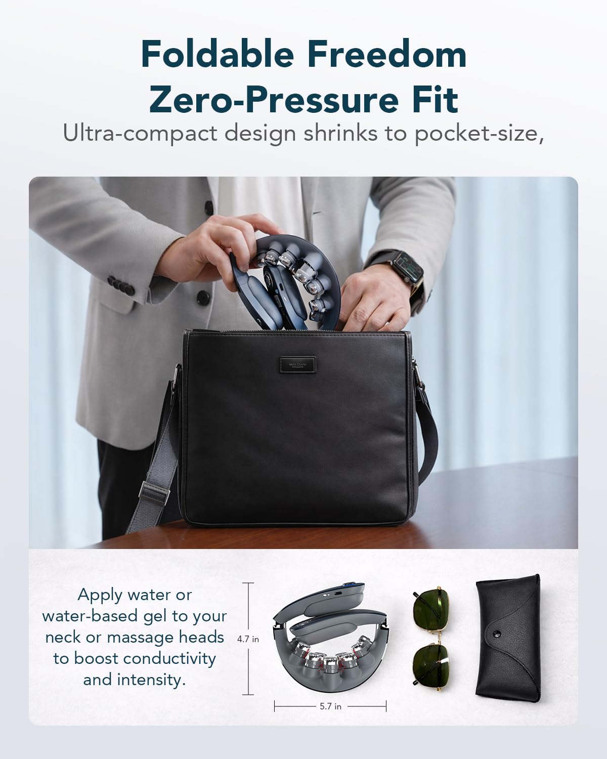 Persona usando SKG G7 Pro Fold en oficina para reducir tensión cervical