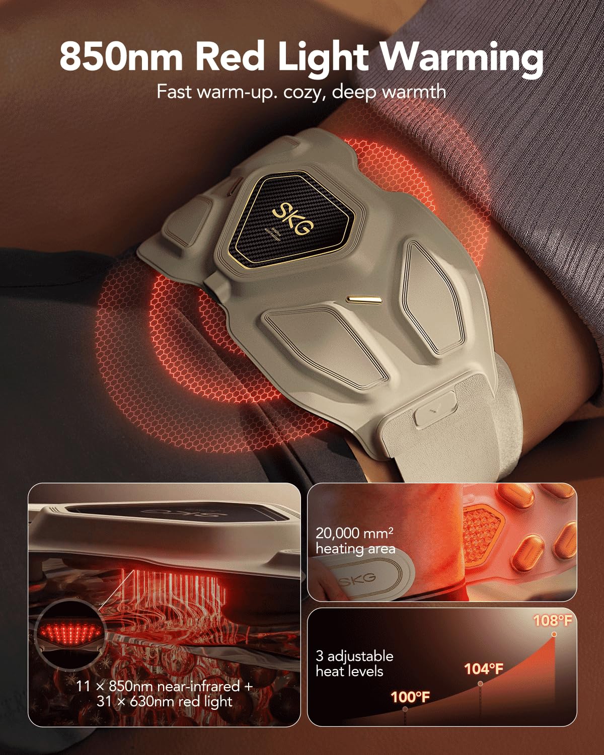 SKG W9 Ultra visual del área con leds NIR y rojo para calor profundo y circulación