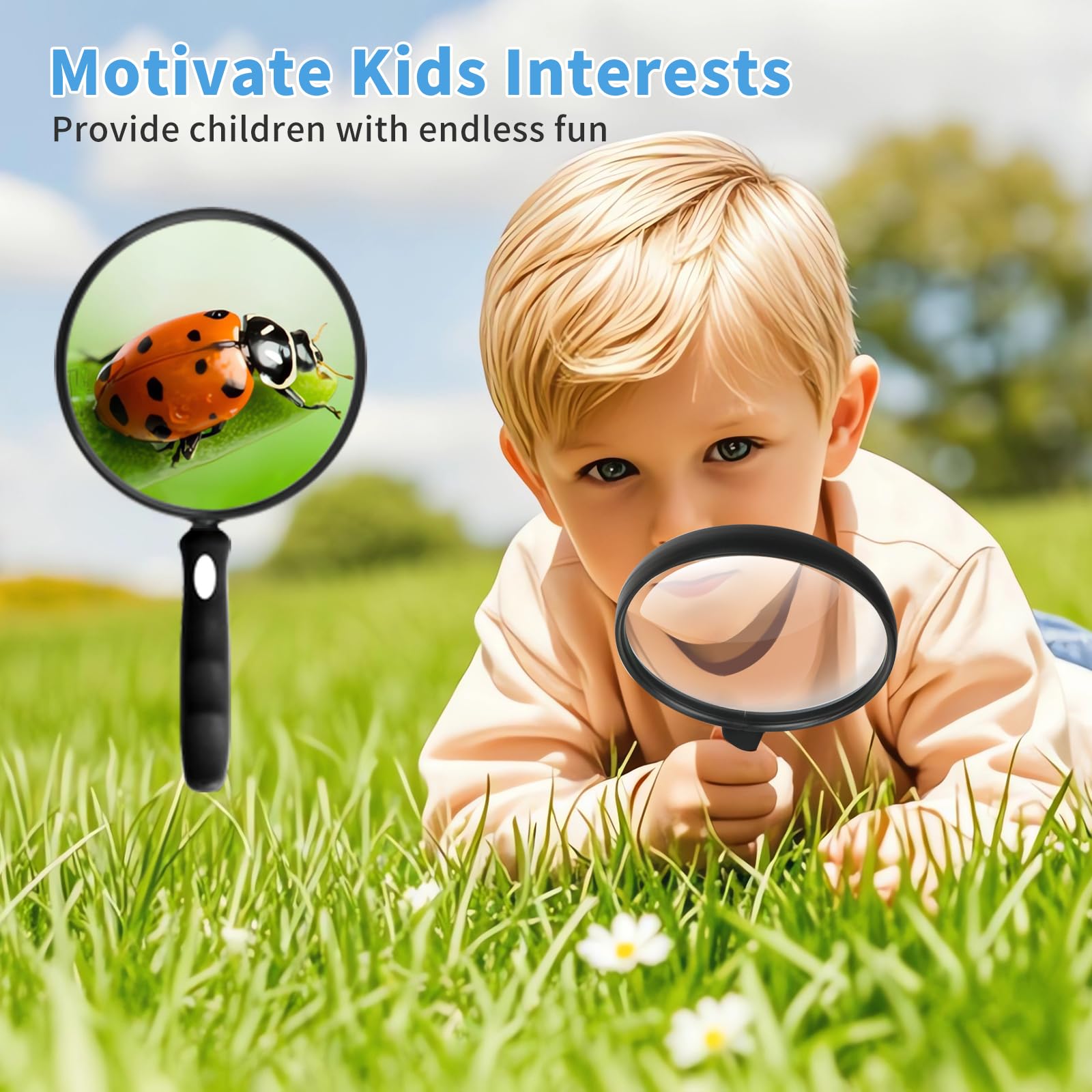 SKGXMAGN niños explorando naturaleza con lupa para aprendizaje y descubrimiento