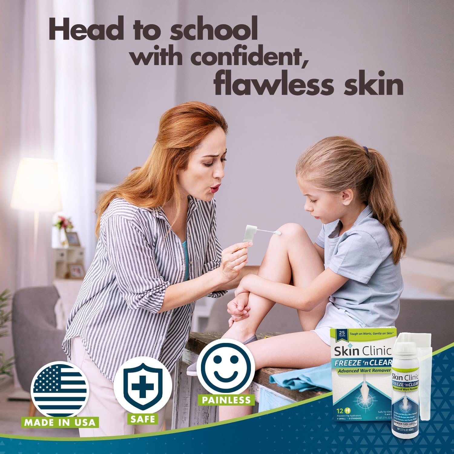 Skin Clinic FREEZE 'n CLEAR aplicador en uso sobre pie con verruga, tratamiento dirigido en casa