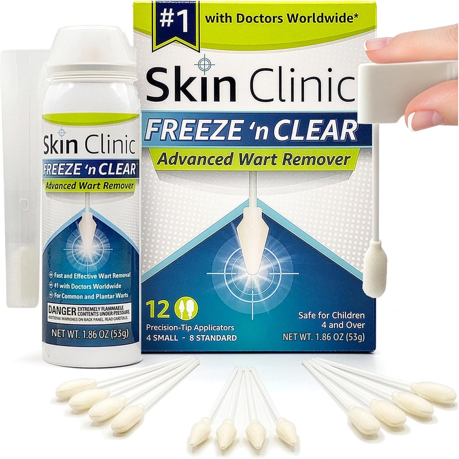 Skin Clinic FREEZE 'n CLEAR empaque frontal mostrando kit y 12 aplicadores, confianza profesional