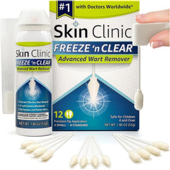 Skin Clinic FREEZE 'n CLEAR empaque frontal mostrando kit y 12 aplicadores, confianza profesional