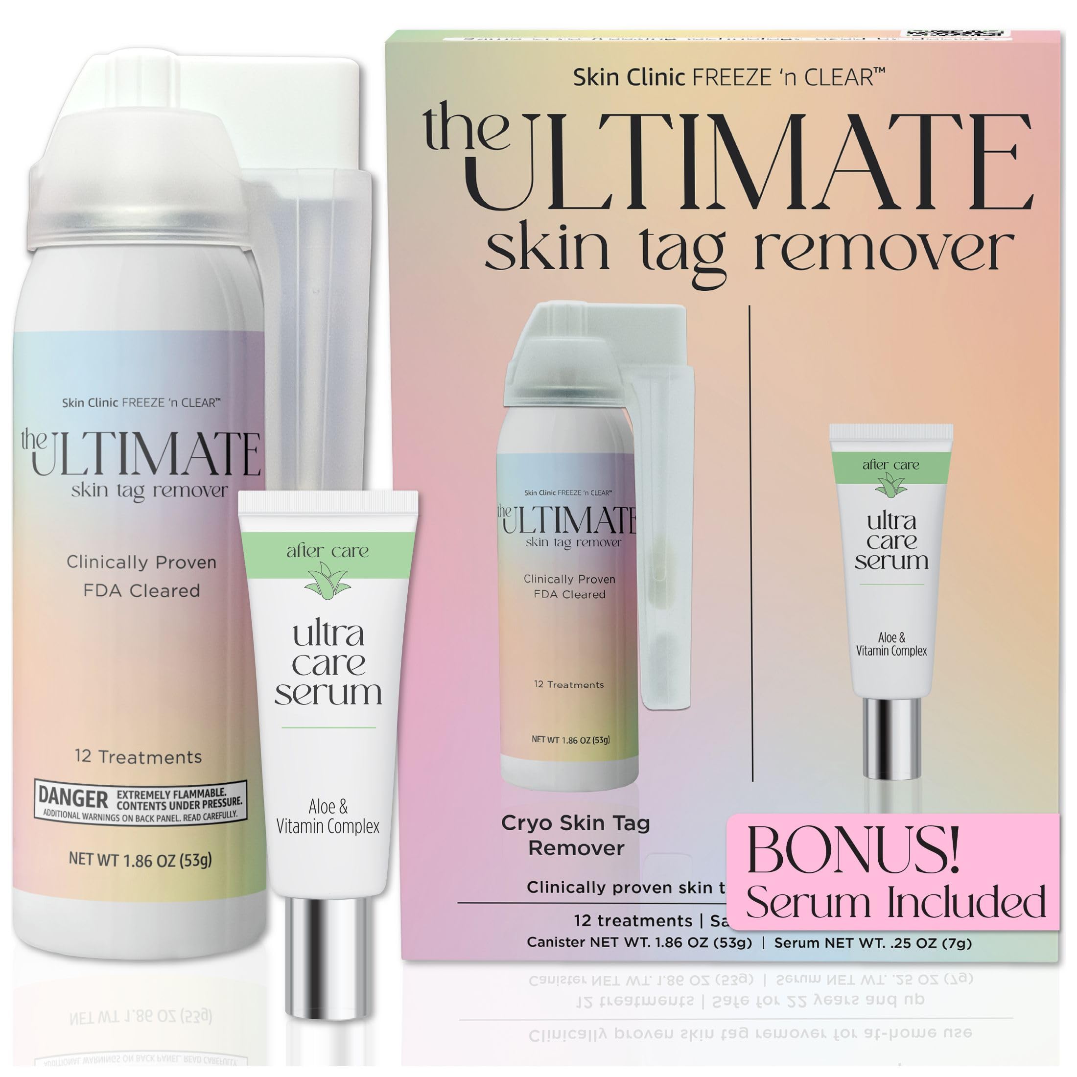 Skin Clinic FREEZE 'n CLEAR vista frontal mostrando kit completo y ventajas