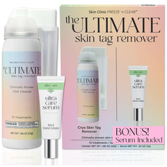 Skin Clinic FREEZE 'n CLEAR vista frontal mostrando kit completo y ventajas