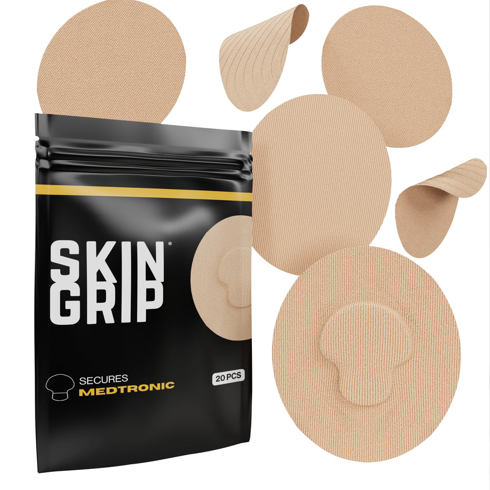 Skin Grip empaque frontal mostrando 20 parches y beneficio de protección prolongada