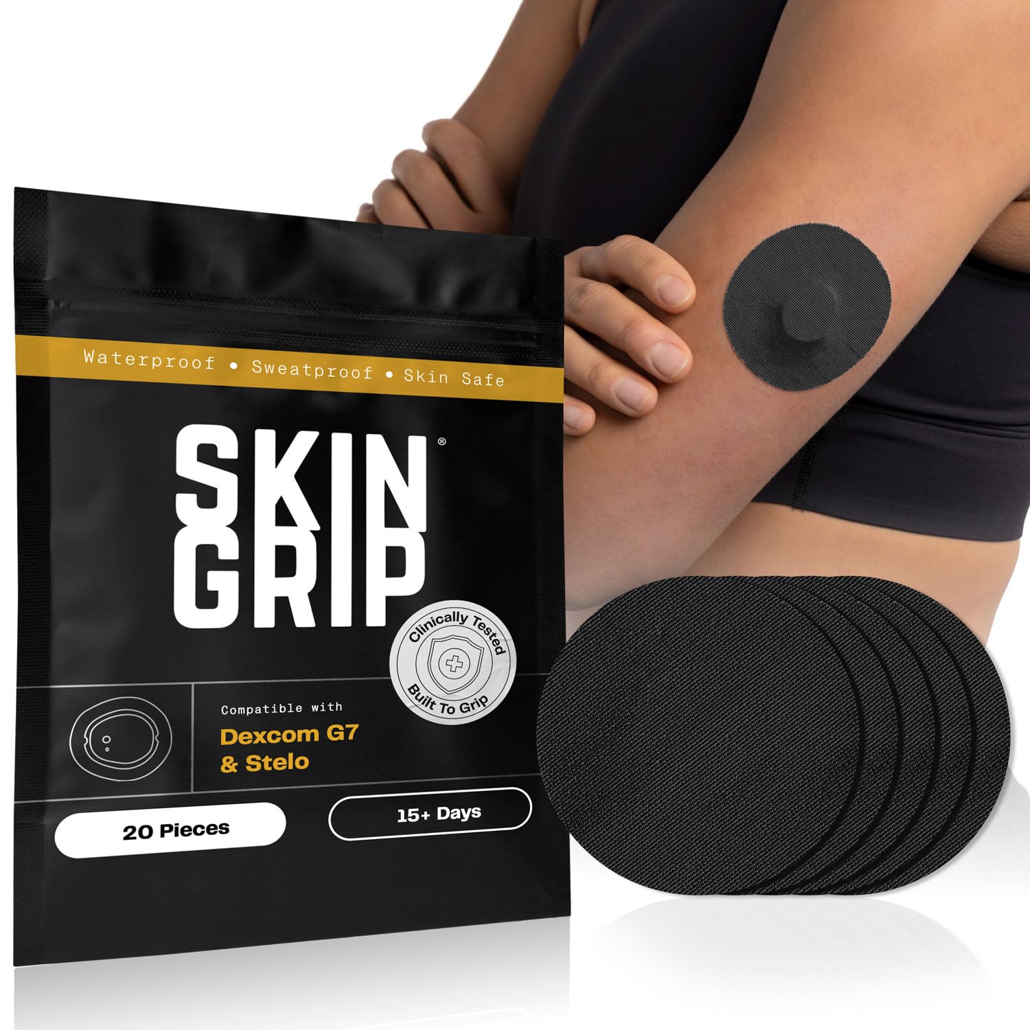 Skin Grip frente del empaque mostrando compatibilidad Dexcom G7 y Stelo y confianza