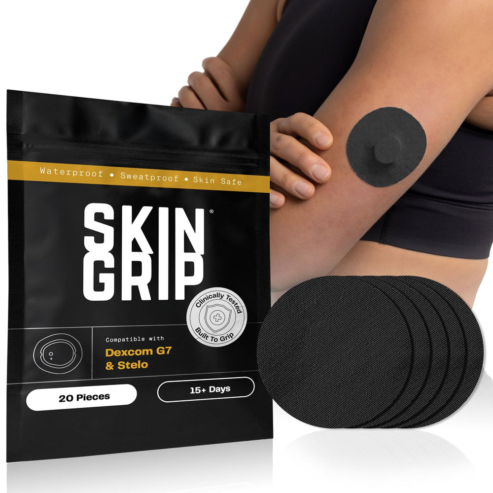 Skin Grip frente del empaque mostrando compatibilidad Dexcom G7 y Stelo y confianza