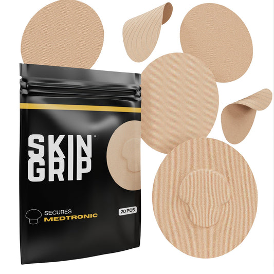 Skin Grip empaque frontal mostrando 20 parches y beneficio de protección prolongada