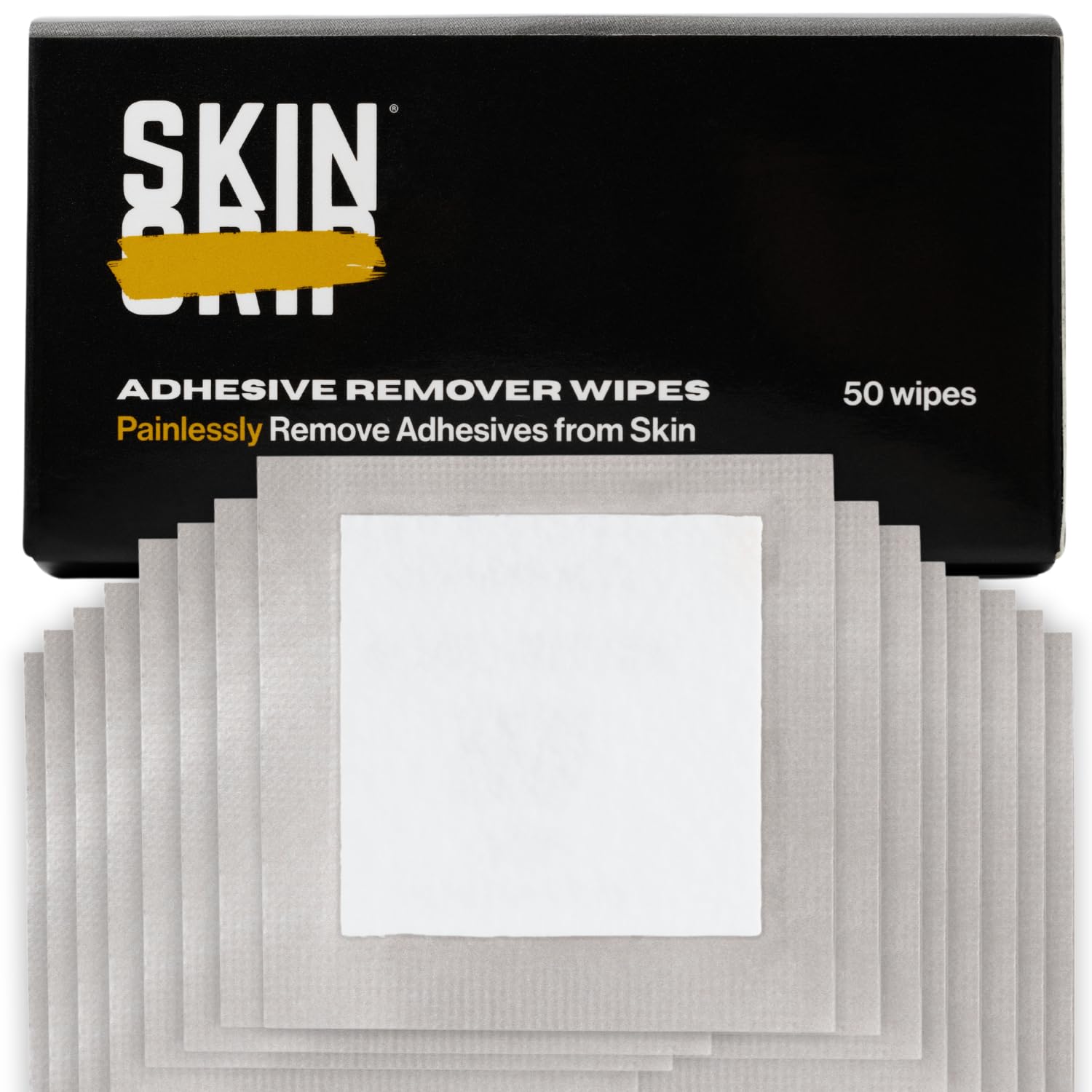 Skin Grip frente del empaque mostrando 50 toallitas, práctico para almacenamiento