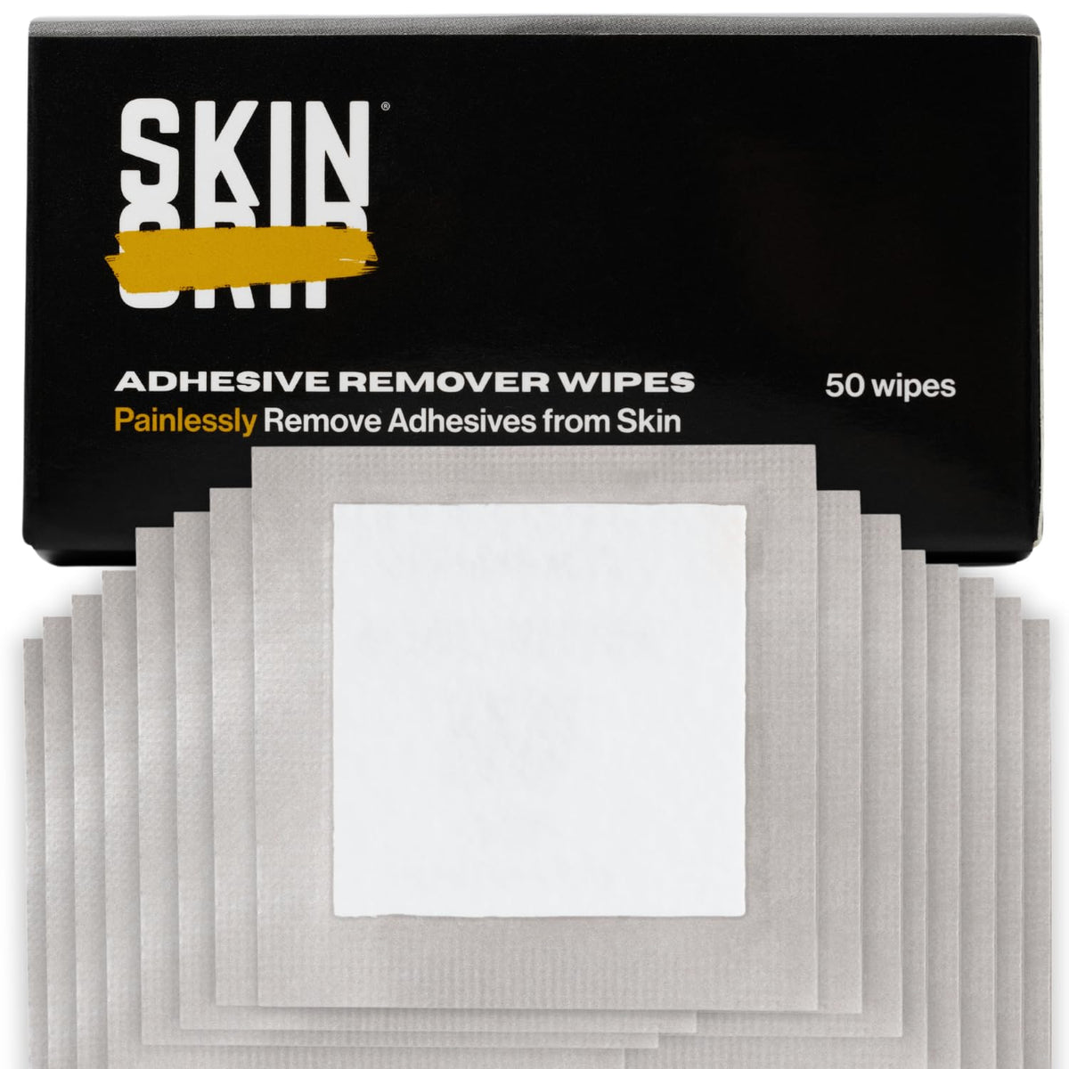 Skin Grip frente del empaque mostrando 50 toallitas, práctico para almacenamiento