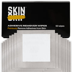 Skin Grip frente del empaque mostrando 50 toallitas, práctico para almacenamiento
