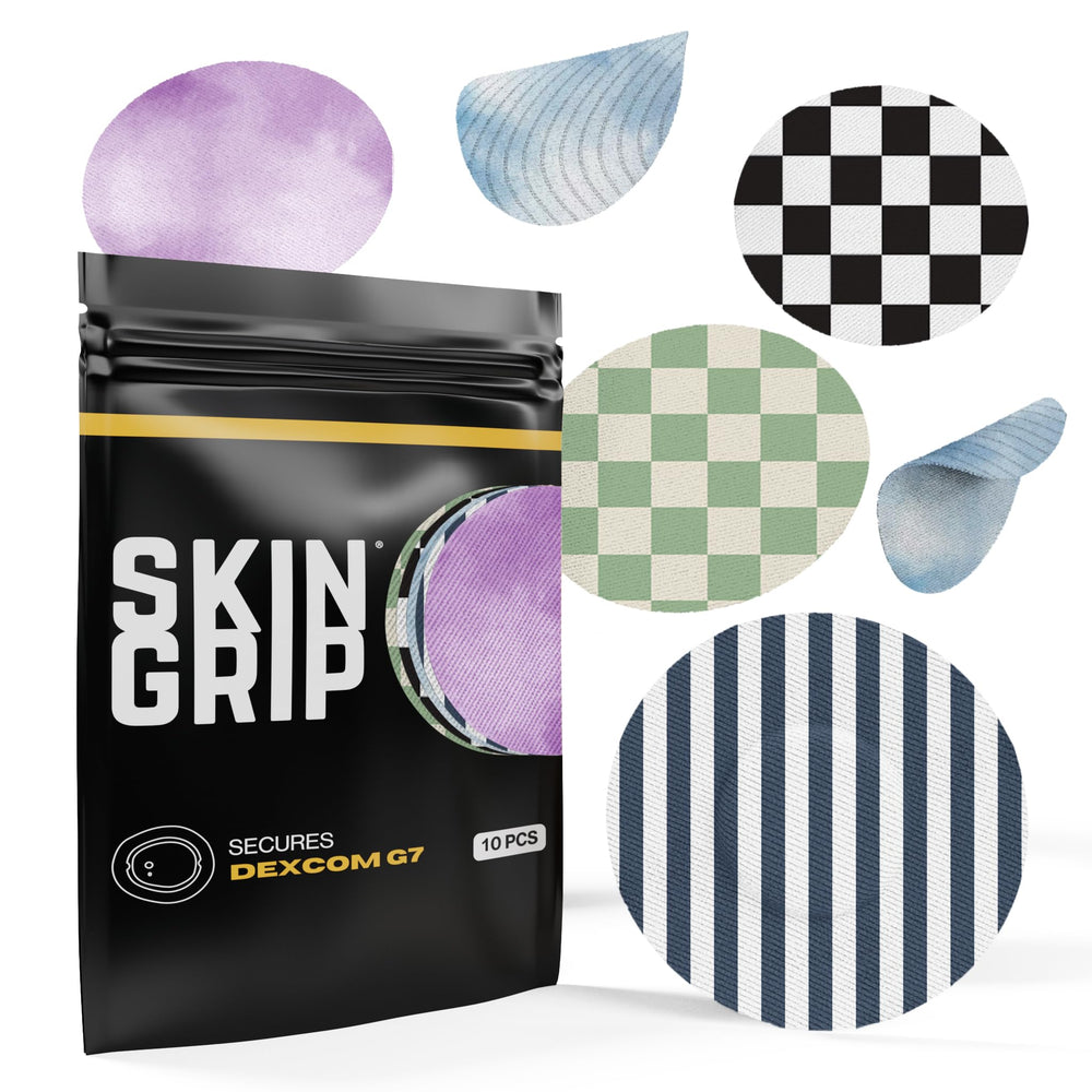 Skin Grip frente del empaque mostrando parches y compatibilidad Dexcom G7 para confianza