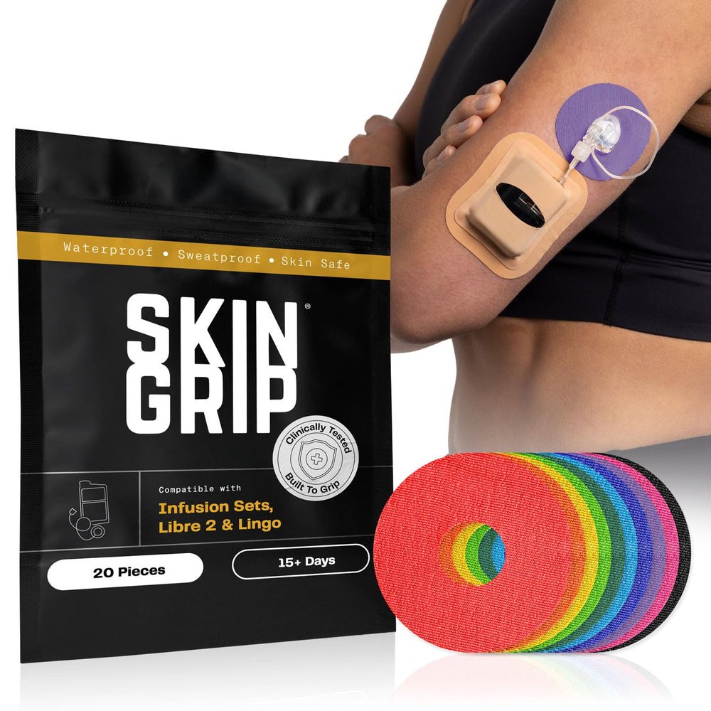Skin Grip empaque frontal mostrando parche universal y beneficio sujetar sensor