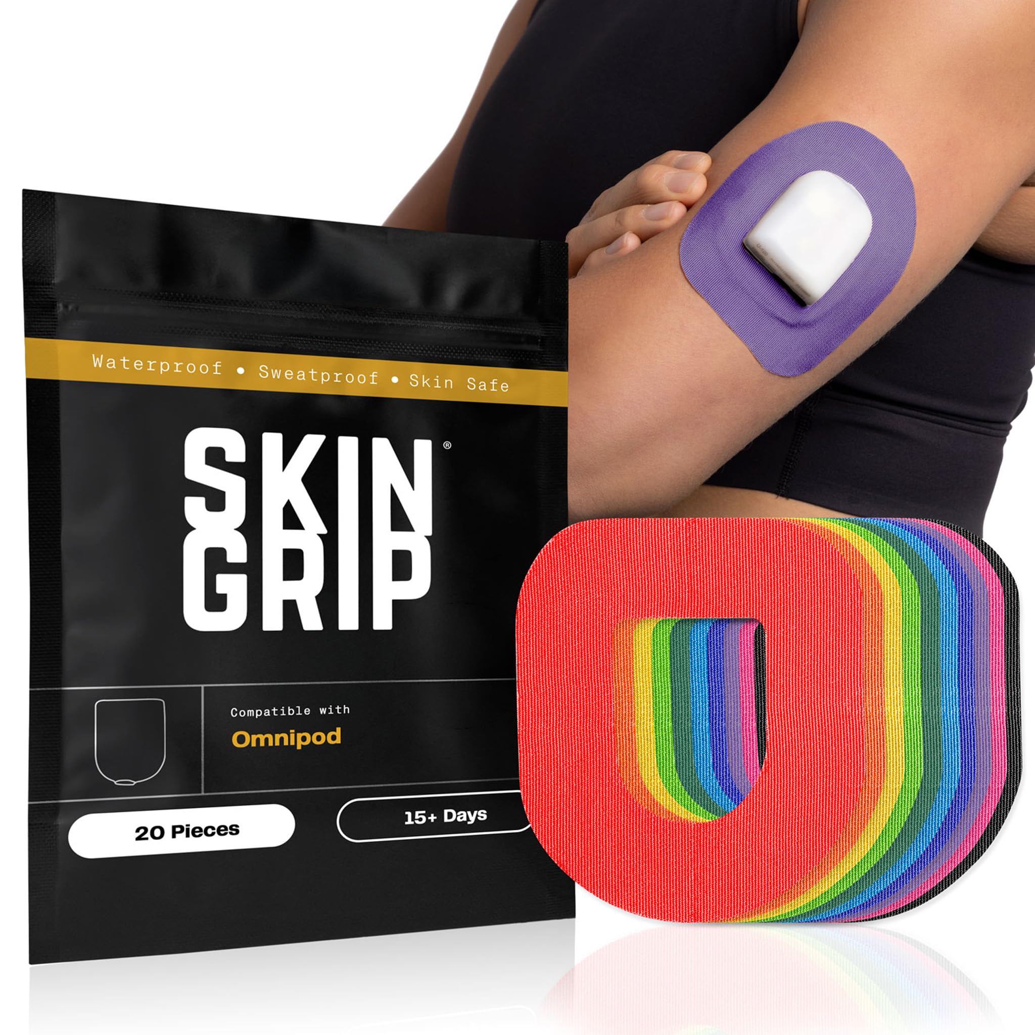 Skin Grip empaque frontal mostrando parches Omnipod, protege el dispositivo