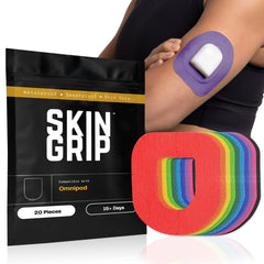 Skin Grip empaque frontal mostrando parches Omnipod, protege el dispositivo