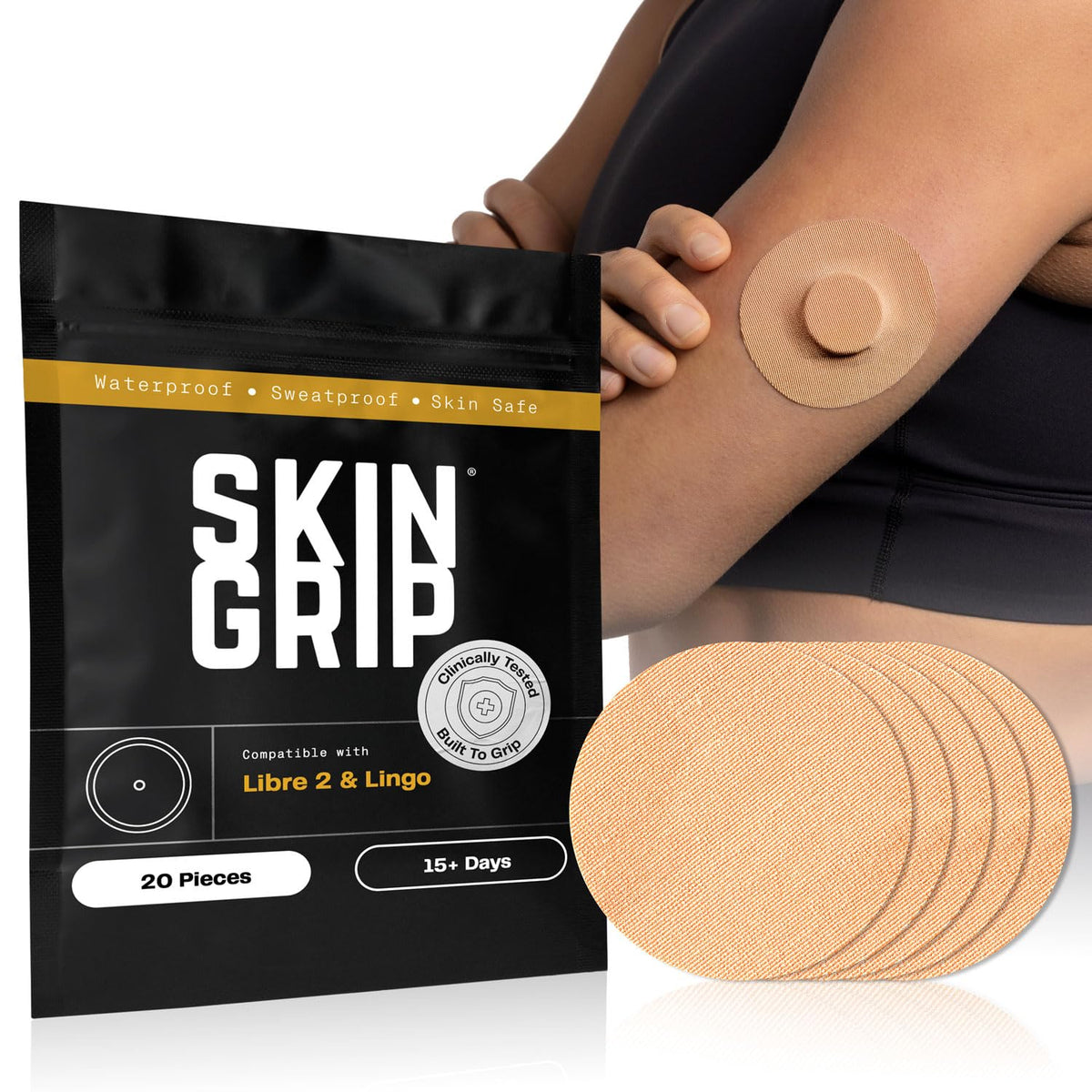 Skin Grip empaque frontal mostrando pack de 20 y beneficio de suministro