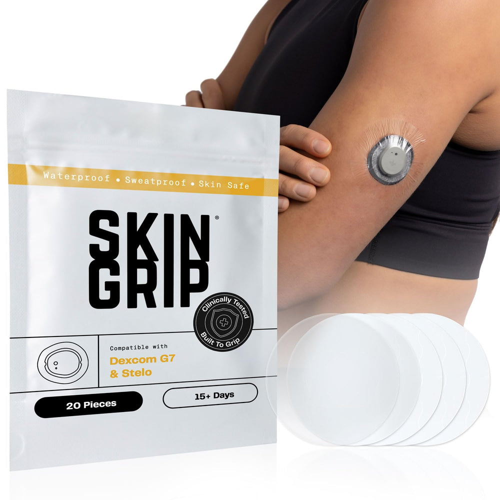 Skin Grip frontal del envase mostrando parches y compatibilidad con Dexcom G7 como seguridad