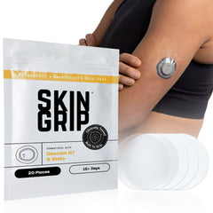 Skin Grip frontal del envase mostrando parches y compatibilidad con Dexcom G7 como seguridad