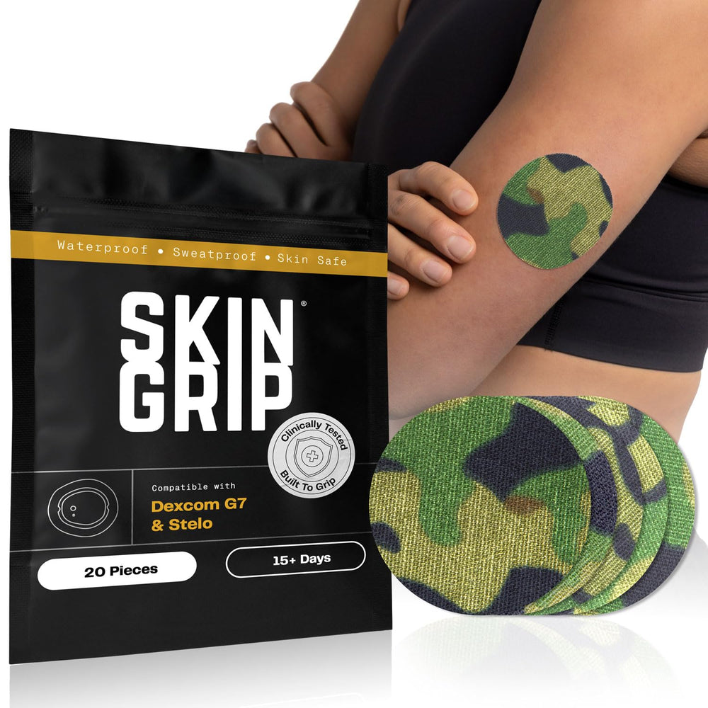 Skin Grip frontal del empaque mostrando parche compatible con Dexcom G7, seguridad inmediata