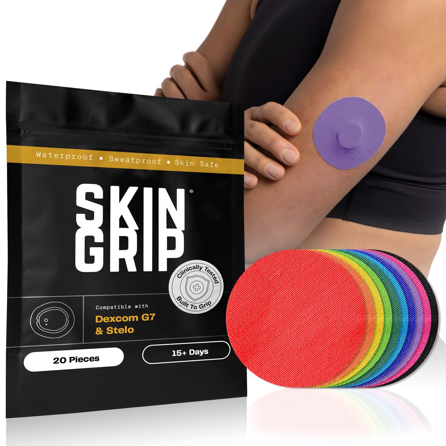 Skin Grip vista frontal del paquete mostrando compatibilidad Dexcom G7 y Stelo, confianza
