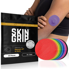 Skin Grip vista frontal del paquete mostrando compatibilidad Dexcom G7 y Stelo, confianza